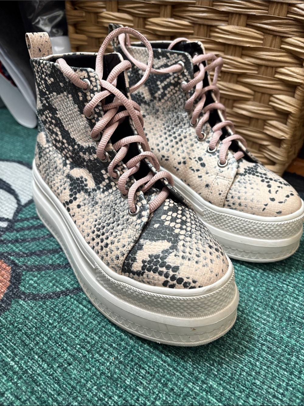 Madden Girl Blush Snake-Print Lace-Up Platform Boots